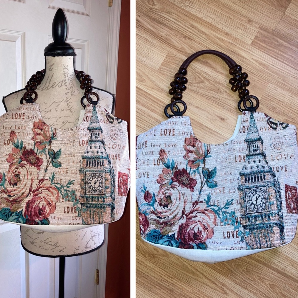 Tapestry Big Ben UK Floral Rose Beaded Handle Zip Tote Bag Purse